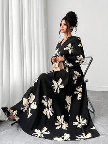 Elenzga 大码女式优雅畅销时尚百搭泰国马尔代夫海滩度假波西米亚印花腰带束腰圆领镂空长袖连衣裙，春秋季百搭款式 - 彩色 - 查看 1