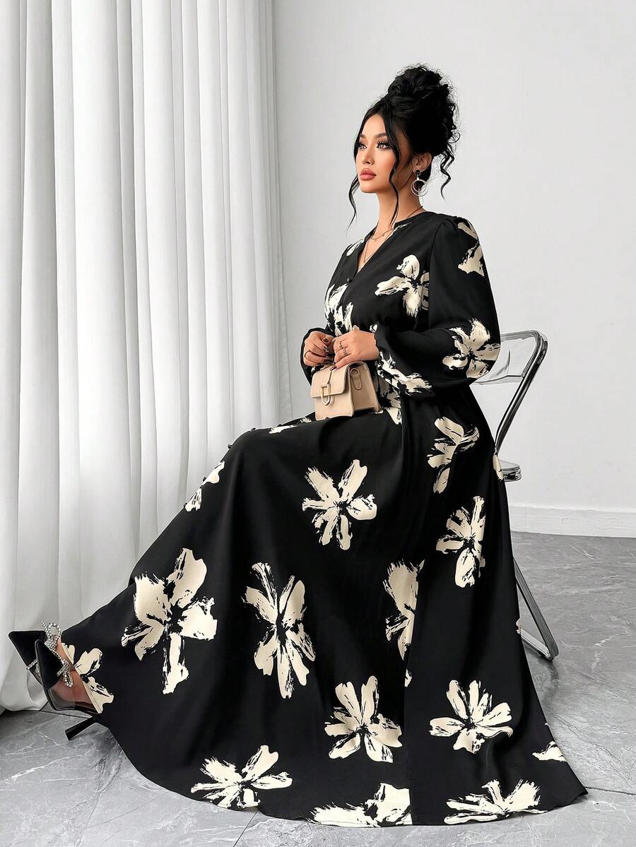 Elenzga 大码女式优雅畅销时尚百搭泰国马尔代夫海滩度假波西米亚印花腰带束腰圆领镂空长袖连衣裙,春秋季百搭款式 - 彩色 - 查看 1