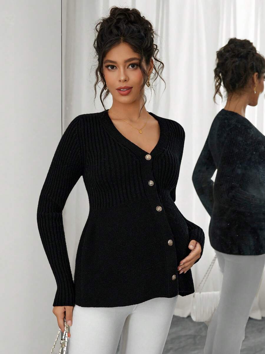 Momance Maternity Solid Color Long Sleeve Single-Breasted Casual Knit Cardigan, Autumn/Winter - Black - View 1