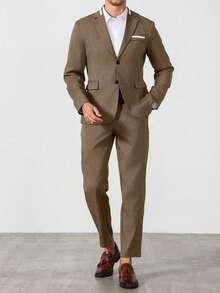 Manfinity Mode Men's Solid Color Patchwork Button Front Long Sleeve Jacket And Pants Set, Men's Solid Color Relaxed Lapel Blazer And Bias Pocket Pants Set - Brown - View 5