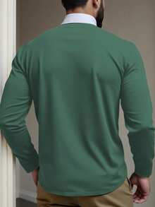 Manfinity Homme 秋季大码男士休闲撞色领长袖 Polo 衫 - 綠色 - 查看 2
