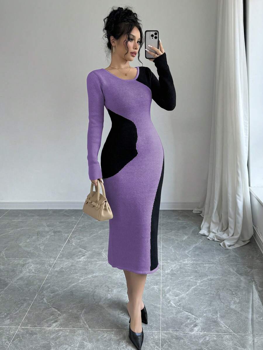 Elenzga Váy len dài tay cổ tròn màu trơn đơn giản dành cho nữ - Màu tím - Xem 1