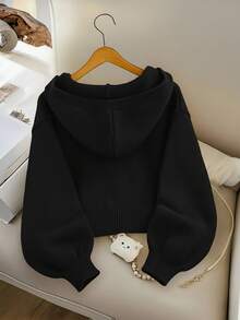 SHEIN Genkimix Kids 女童时尚休闲清新短款纯色连帽针织开衫，秋冬 - 黑色 - 查看 2