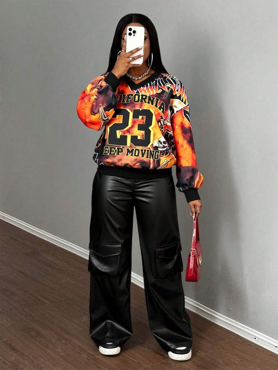 Slaydiva 2025秋冬新款街头休闲宽松全弧万圣节元素印花V领长袖短款女式卫衣,适合返校、派对、锐舞派对、万圣节、圣诞节、夜店等场合穿着。 - 彩色 - 查看 1