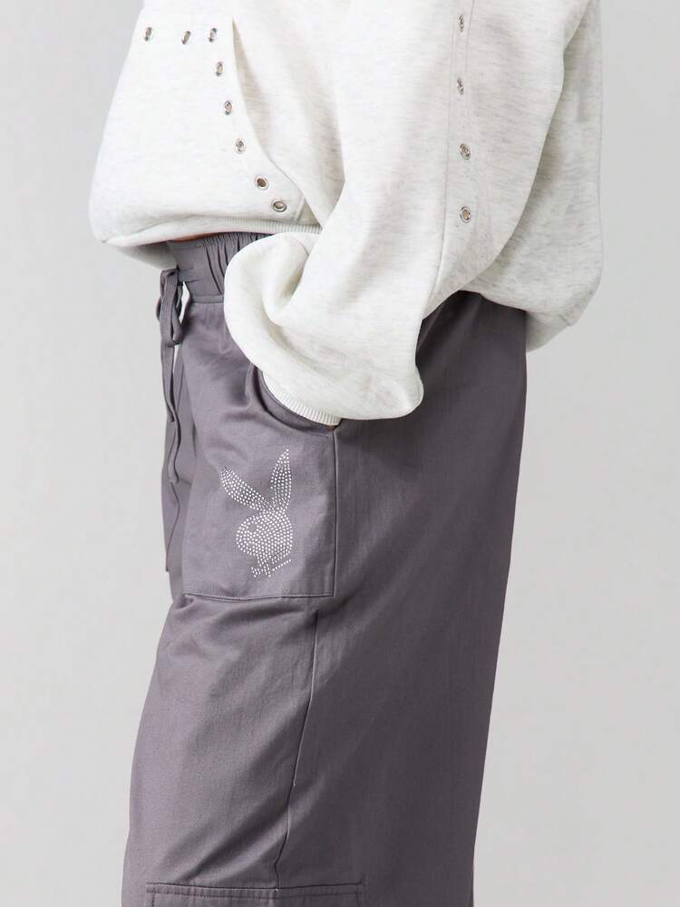 Missguided x Playboy Utility Cargo Pants With Logo Graphics And Adjustable Drawstring Waist For Casual Streetwear Comfort
