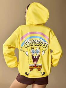 SpongeBob SquarePants | SHEIN Women's Casual Cartoon Pattern Zip-Up Drawstring Hooded Jacket, Autumn - Yellow - View 2