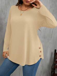 SHEIN Clasi Áo thun nữ tay dài cổ tròn màu trơn cỡ lớn thiết kế nút bên hông - Màu be - Xem 7