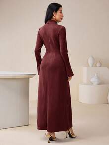 Veilorie 女士优雅纯色立领喇叭袖连衣裙 - 酒紅色 - 查看 7