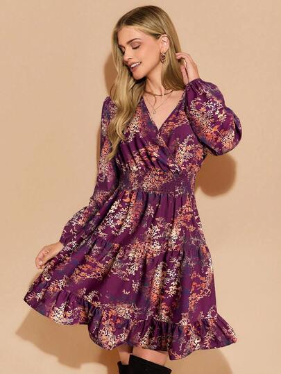 Amorya Women's Elegant Shirred Cinched Waist Floral Print Long Sleeve Short Dress, Flattering Fit Suitable For Daily Wear And Multiple Occasions, Autumn
