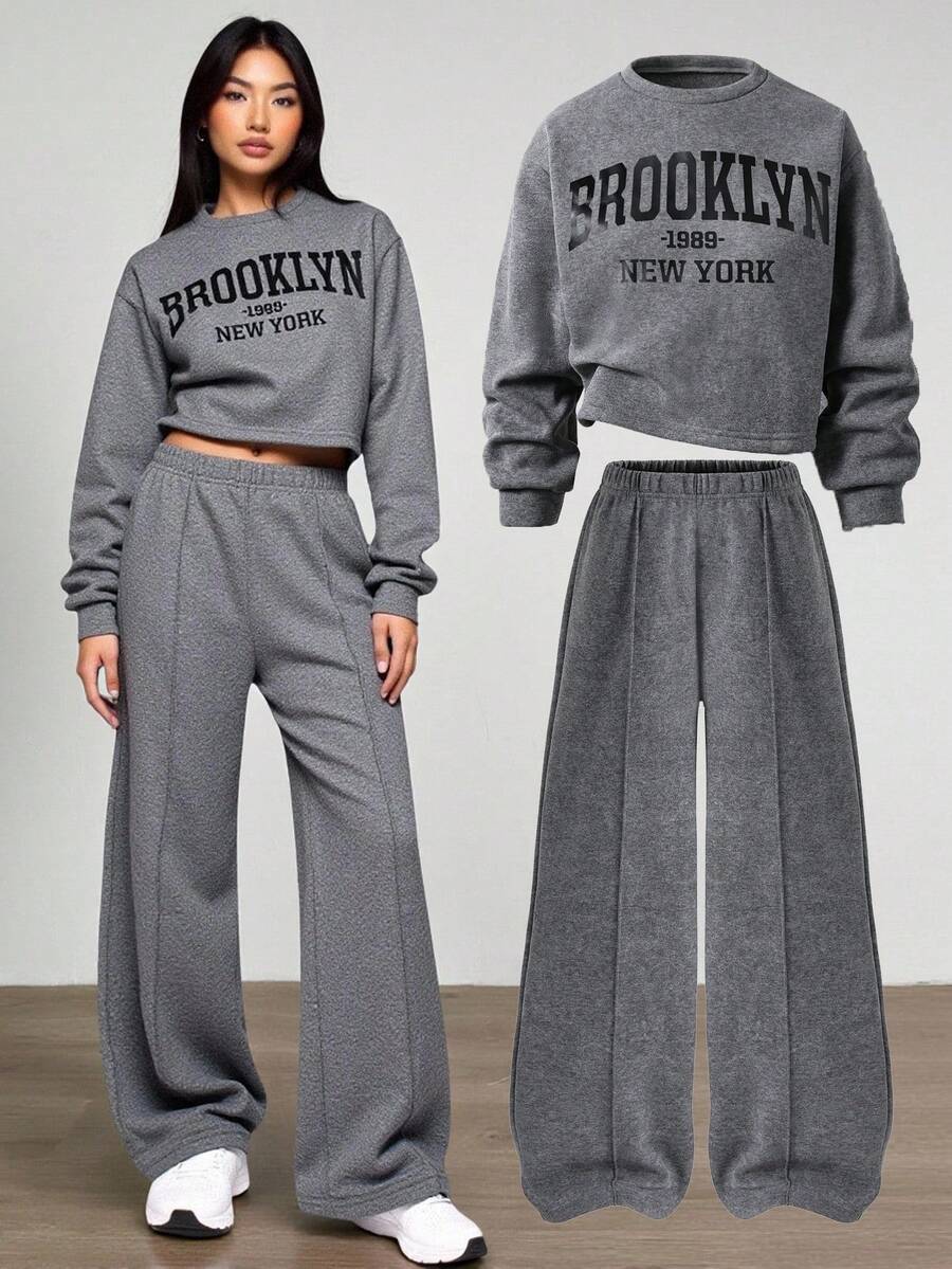 Sparklyn 2 件套青少年女孩休闲宽松花卉印花短款宽松运动衫 + 松紧腰阔腿裤套装，百搭杏色 - 灰色 - 查看 1