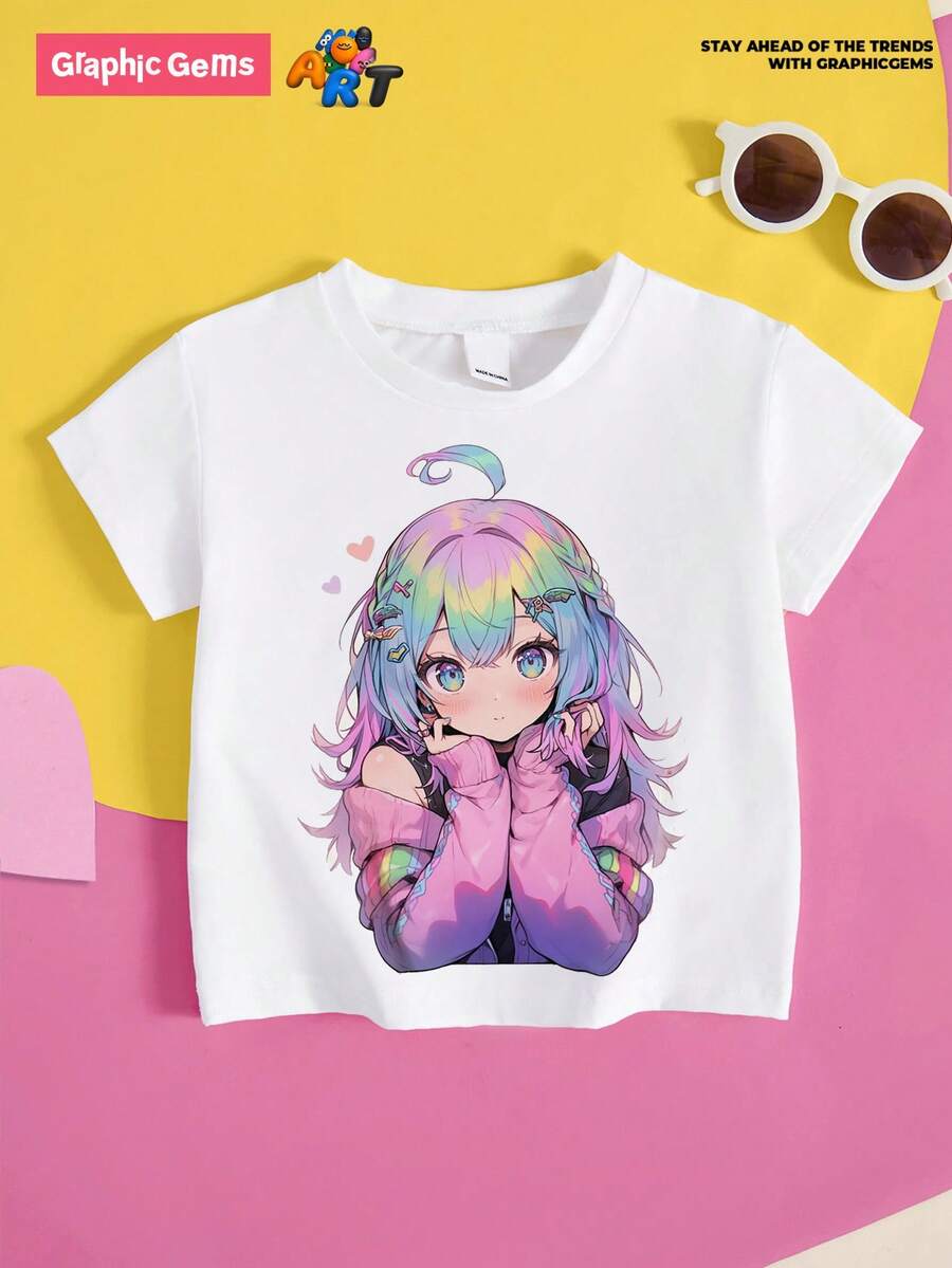 GraphicGems Tween Girl Cartoon Character Print Round Neck Short Sleeve T-Shirt - White - View 1