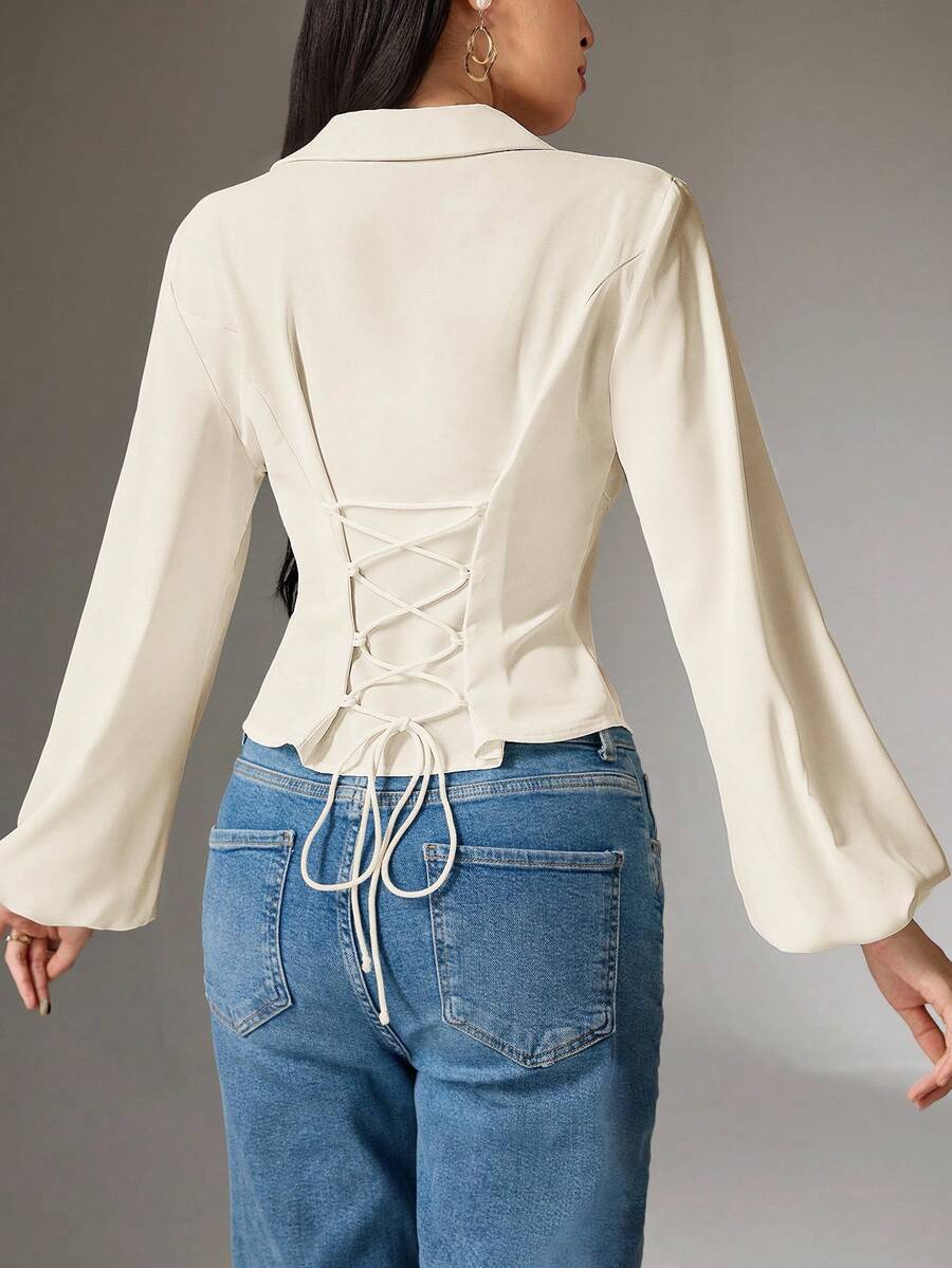 Heiryn Women's Solid Color Lantern Sleeve Single-Breasted Shirt With Waist Tie Long Sleeve Blouse Cream Blouse Cinched Waist Top - Apricot - View 1