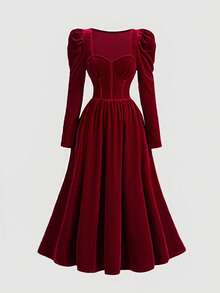 SHEIN Tween Girl Burgundy Casual Everyday Velvet Bow Decor Sweetheart Collar Puff Sleeve Cinched Waist Dress, Girls Red Long Dress,  Birthday Party, French Princess Style, Mother And Daughter Matching Clothes, Long-Sleeved Dress, Winter Dress Velvet Dress For Girls Dresses For 11 Years Old Red Tween Long Burgundy Dresses Teen Girls Elegant Long Sleeve Dresses