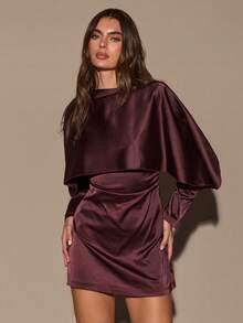 SHEIN BAE Women's Solid Color Stand Collar Long Sleeve Ruched Mini Dress,Elegant Dresses For Women ,Winter Dress,Red Dress,Red Dress Women,Vacation/Valentine's Day,Valentine Outfits For Women Draped Dress - Brown - View 5