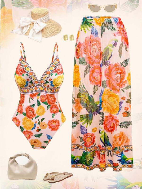 Swim Oasis Traje de baño de 2 piezas con estampado floral y escote en V, elegante para vacaciones, con vestido de cobertura