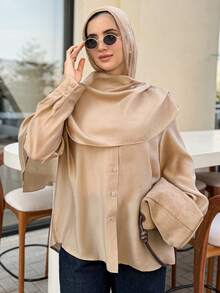 Dazy-Less 女士宽松雪纺衬衫，休闲商务办公装，长袖，披肩领，适合春、夏、秋季穿着。 - 杏色 - 查看 8