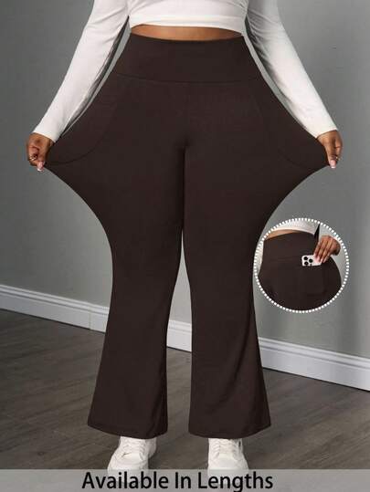 SHEIN PETITE CURVE Plus Size Women's Fall Winter Back To School Casual Homewear Yoga Comfortable Outdoor Solid Black Knitted Elastic Waist High Waist Pockets Flare Leg Trousers,Leggings With Pockets
