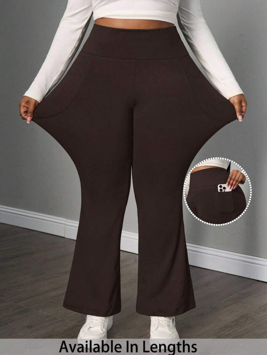 SHEIN PETITE CURVE 大码女式秋冬返校休闲家居服瑜伽舒适户外纯黑色针织松紧腰高腰口袋喇叭裤,带口袋的紧身裤 - 棕色 - 查看 1