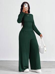 SHEIN PETITE CURVE 2pcs Plus Size Textured Brown Pleated Long Sleeve Top And Pockets Pants Set/Winter - Green - View 5