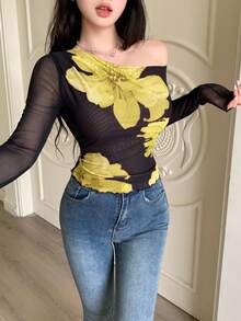 Modelyn Women's Solid Color Mesh Contrast Mesh Printed Asymmetric Ruched Minimalist Sexy T-Shirt - Yellow - View 6
