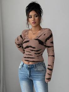 SHEIN Elenzya Women's V-Neck Zebra Jacquard Fitted Sweater - Coffee Brown - View 4