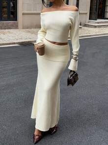 SHEIN EZwear Women Elegant Cream White Off Shoulder Sweater & Long Skirt Two Pieces Outfit,Autumn Tea Party Winter Clothes,Christmas New Year Party Outfits - White - View 5