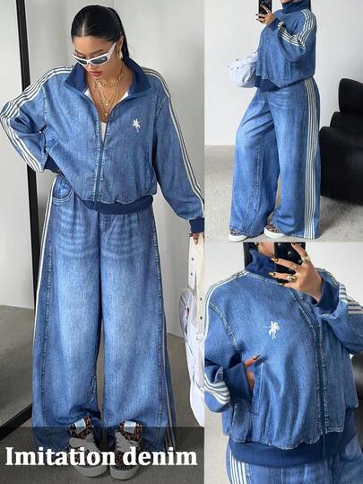 POPSWAY Plus Size Autumn/Winter Faux Denim Print Long Sleeve Zip-Up Jacket + Straight Leg Loose Faux Denim Print Pants, Elegant Retro Casual Resort Sports College 2-Piece Set