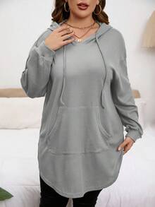 SHEIN LUNE Áo sweatshirt nữ cỡ lớn màu trơn tay dài vai rớt có túi kangaroo, dây rút, kiểu dáng rộng rãi thoải mái/mùa đông - Màu Xám nhạt - Xem 6
