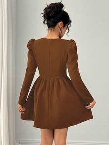 Rafferiza 时尚优雅百搭约会派对蝴蝶结撞色镂空羊腿袖收腰褶裥连衣裙，黑色，女士，秋冬款