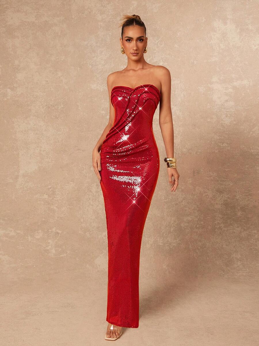 Lumalex Đầm ôm sát xẻ tà, không dây vai, xếp ly, đính sequin dành cho nữ - Đỏ - Xem 1