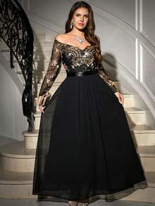 SHEIN Clasi Plus Size Women Floral Patchwork Sequin Mesh Off-Shoulder Long Sleeve Elegant Dress