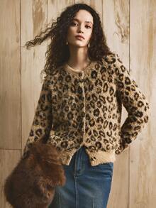 Arave Women's Slim-Fit Knitted Feather Yarn Material With Leopard Print Design Daily Commuter Cardigan Autumn And Winter Sweater - Multicolor - View 5