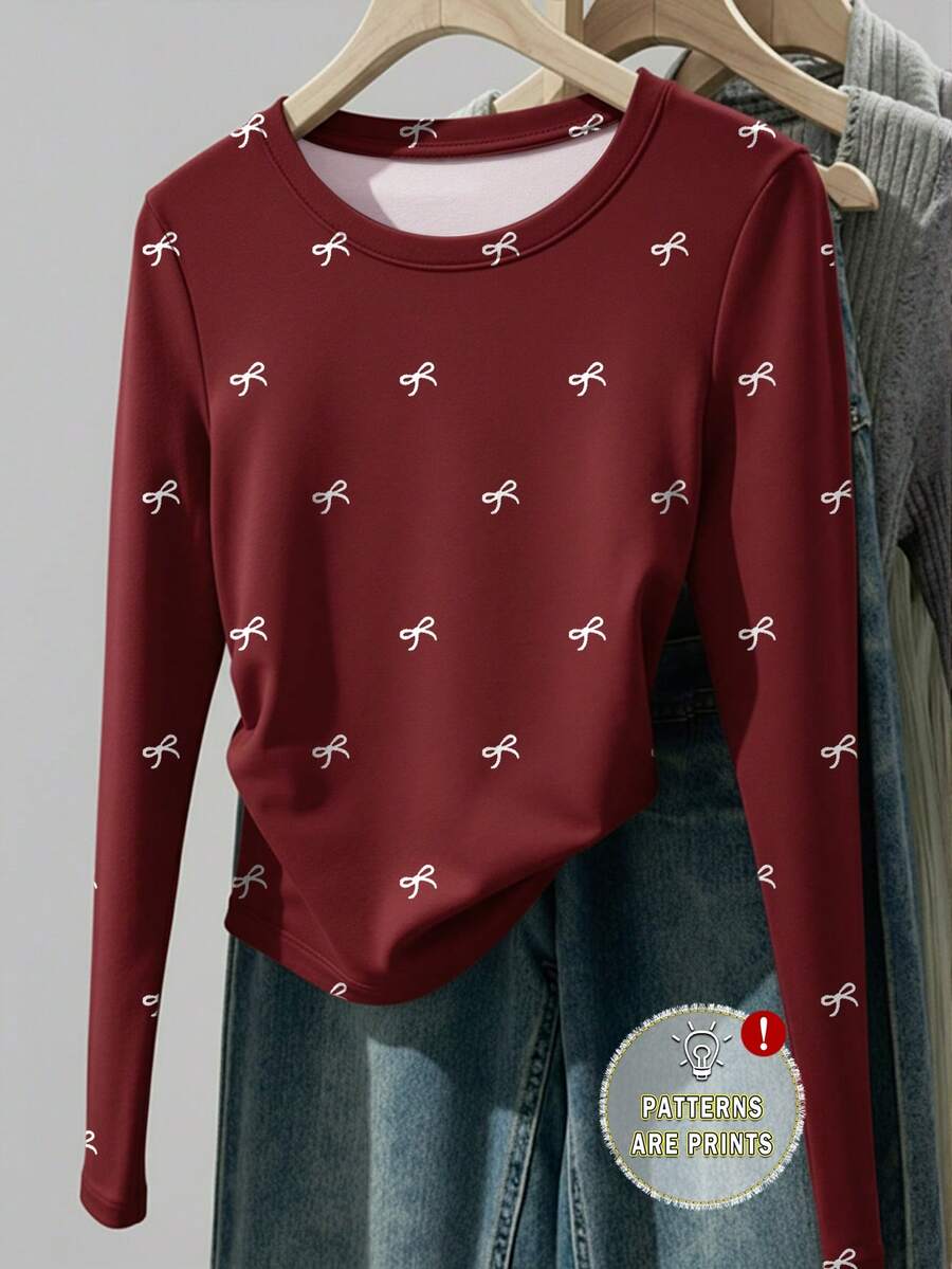Resyla 女士全印花长袖T恤，返校季，秋季服装，蝴蝶结装饰，适合圣诞节、情人节，2026美式学院风 - 彩色 - 查看 1