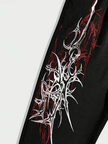 ROMWE MEN Spring Casual Graphic Men'S Gothic Print Drawstring Waist Pockets Jogger Sweatpants - Black - View 4