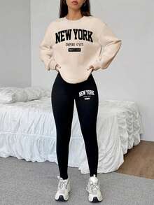 Mujer Conjunto Deportivo Urbano Suéter con Estampado "NEW YORK" Ajuste Relajado Cuello Redondo Manga Larga Primavera/Otoño Casual S - Beis - Ver 1