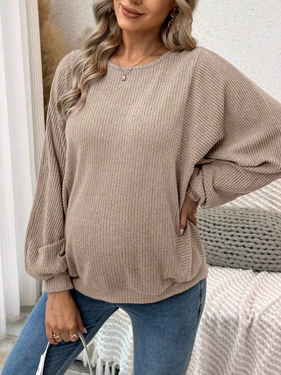 SHEIN 孕妇纯色简约休闲圆领长袖卫衣 - 杏色 - 查看 1