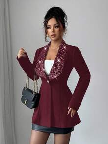 Elenzga Chaqueta de moda para mujer con decoración de strass que ajusta la cintura - Burdeos - Ver 4