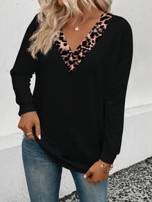 EMERY ROSE Damen Lässig V-Ausschnitt Leoparden Muster Langarm T-Shirt, vielseitig einsetzbar, Herbst/Winter