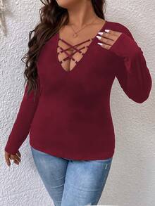 EMERY ROSE Plus Size Women's Casual Solid Color Long Sleeve T-Shirt - Burgundy - View 3