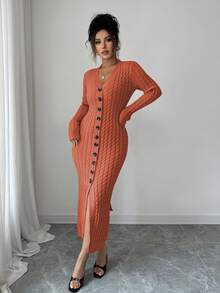Elenzga Women's Elegant Single-Breasted Fitted V-Neck Long Sleeve Knit Dress - Orange - View 4