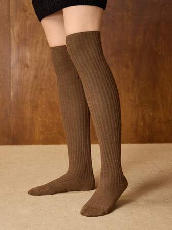 Chaussettes hautes de couleur café foncé, décontractées et polyvalentes, pour l'automne/l'hiver