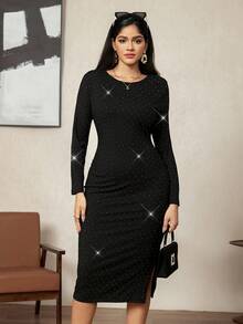 Zelara Plus Size Women Rhinestone Embellished Solid Color Round Neck Long Sleeve Fitted Elegant Dress - Black - View 5