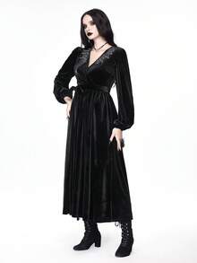 ROMWE Gothic Style Sexy Spider Web Embroidery Deep V-Neck Velvet Long Sleeve Dress - Black - View 5