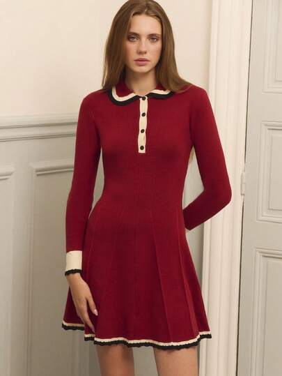 lacRébo Red Knit Skater Dress With Contrasting Black And Ecru Peter Pan Collar, Long Sleeves Dress, Chic Fall-Winter Christmas New Year Dress Business Casual Dress