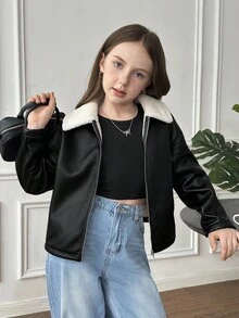 SHEIN 少女秋冬街头时尚PU复合材质保暖内衬撞色领加厚机车夹克，适合秋冬季日常穿着，Y2K风格 - 黑色 - 查看 3