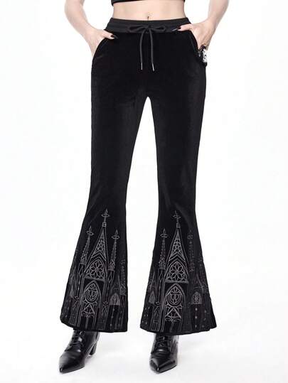 Goth Gothic Castle Embroidered Drawstring Elastic Waist Velvet Flare Pants For Women