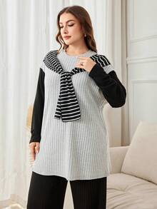 Lacomfia Conjunto de 2 piezas de poncho de punto con rayas de contraste y pantalones de punto minimalistas casuales para mujer de talla grande