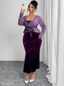 Modelyn Plus Size Women Floral Lace Long Sleeve Top And Spaghetti Strap Dress Elegant 2 Pieces Set - Multicolor - View 7