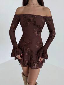 Aloruh Vestido Curto Minimalista de Uso Diário com Ombros à Mostra e Bordado Floral para Mulheres - Café - Visão 5