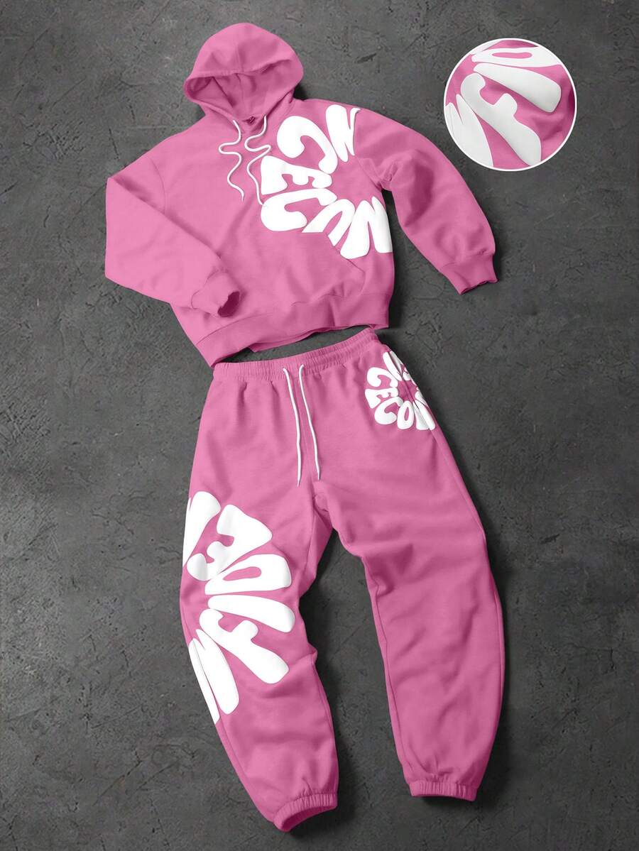 PAVTROS 男士字母印花长袖连帽衫带口袋休闲套装，搭配休闲裤，秋冬款 - 粉色 - 查看 1